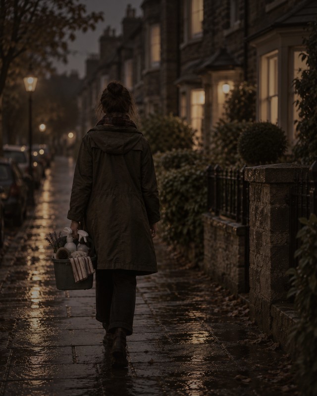 Anne, walking home in the rain, her face never quite turned toward the camera.