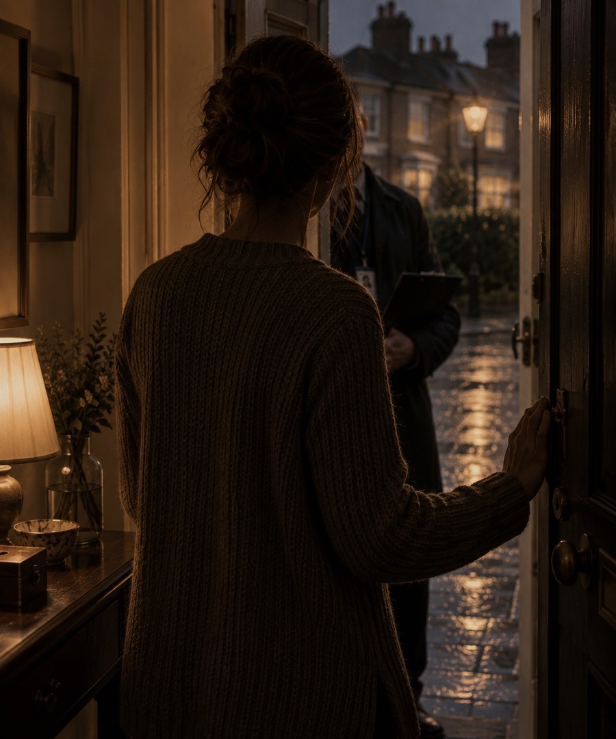 A woman answering the door at dusk to a man with a clipboard and lanyard.