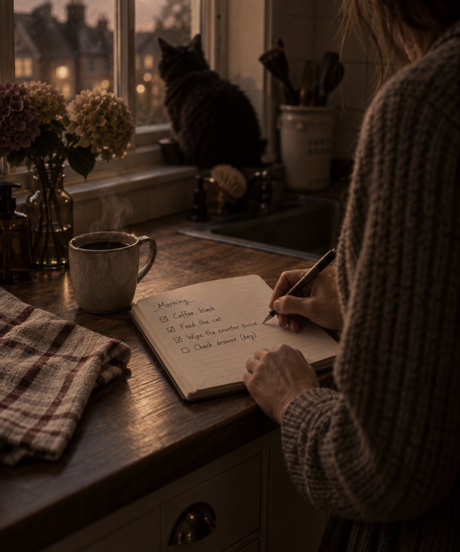 A handwritten morning list on a kitchen counter, a cup of coffee, a cat watching from the window.