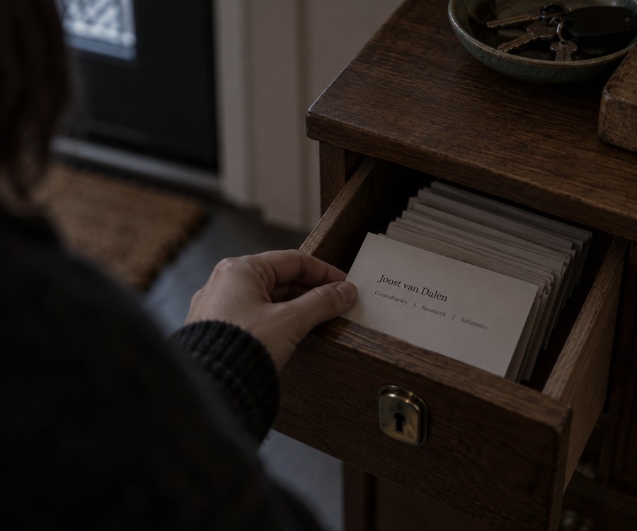 A hand placing a business card reading Joost van Dalen into a drawer already full of similar cards.