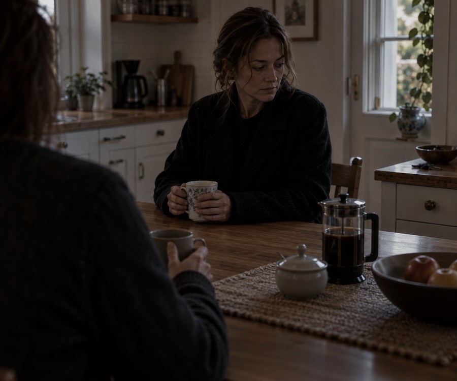 Two women sitting at a kitchen table with coffee, one visibly tense.