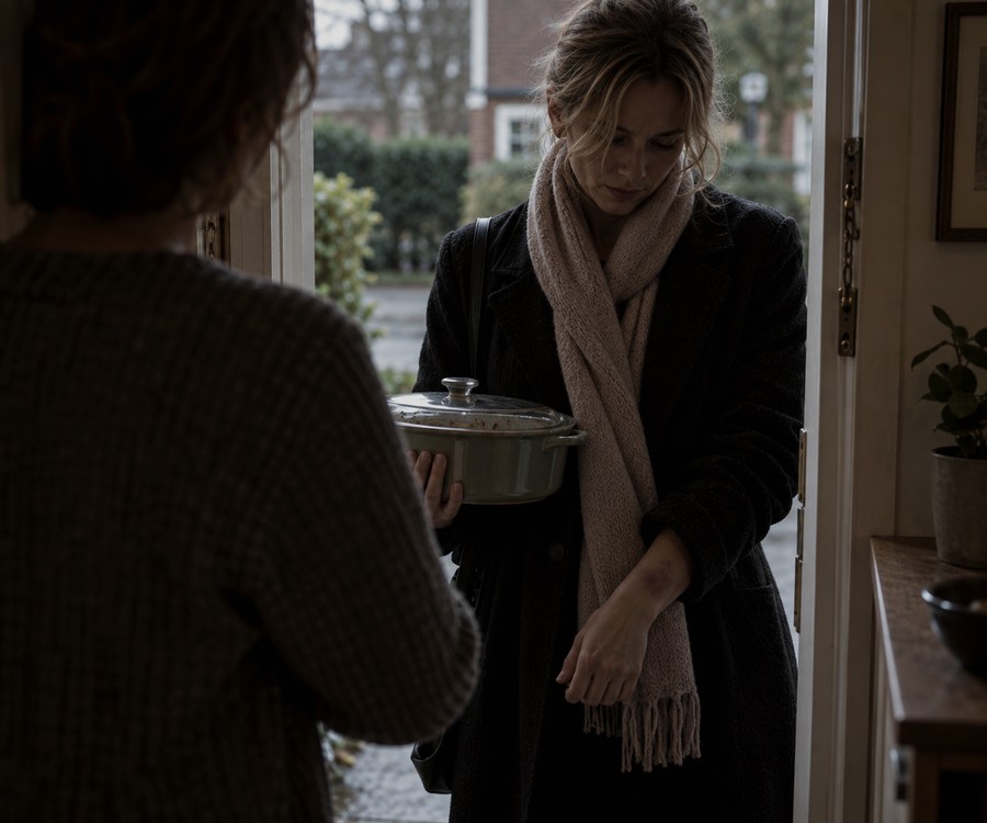 A woman handing over a casserole dish at a doorway, a bruise visible on her wrist as her sleeve slips.
