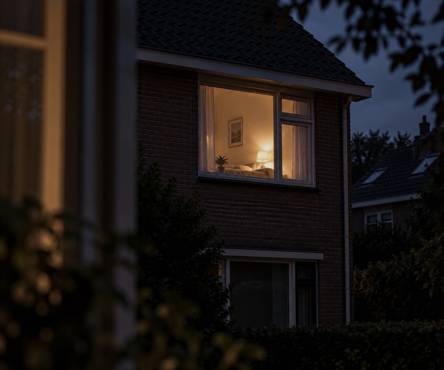 A single upstairs bedroom window lit late at night in an otherwise dark house.